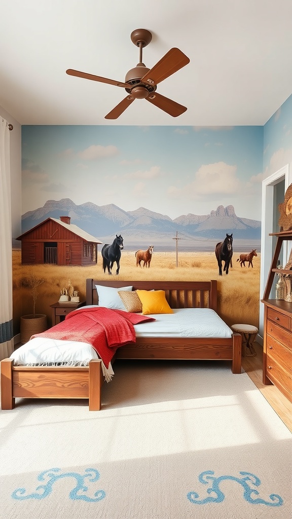 A Wild West cowboy-themed bedroom with a mural of horses and mountains, wooden furniture, and colorful bedding.