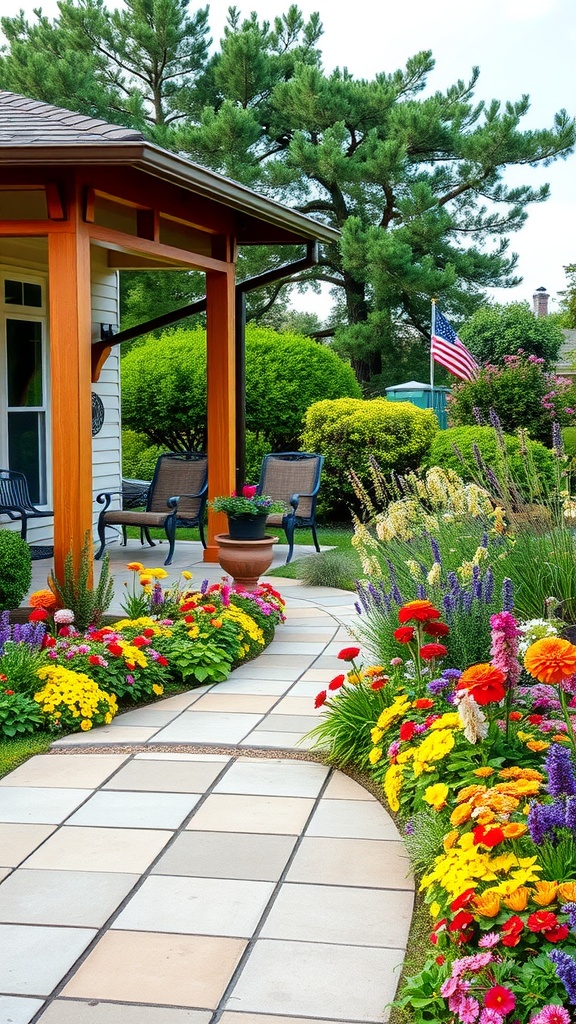 A colorful wildflower garden border along a stone pathway leading to a patio, with lush greenery and a cozy seating area.
