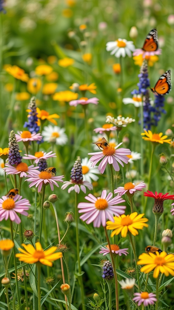 A vibrant wildflower garden with colorful flowers and butterflies.