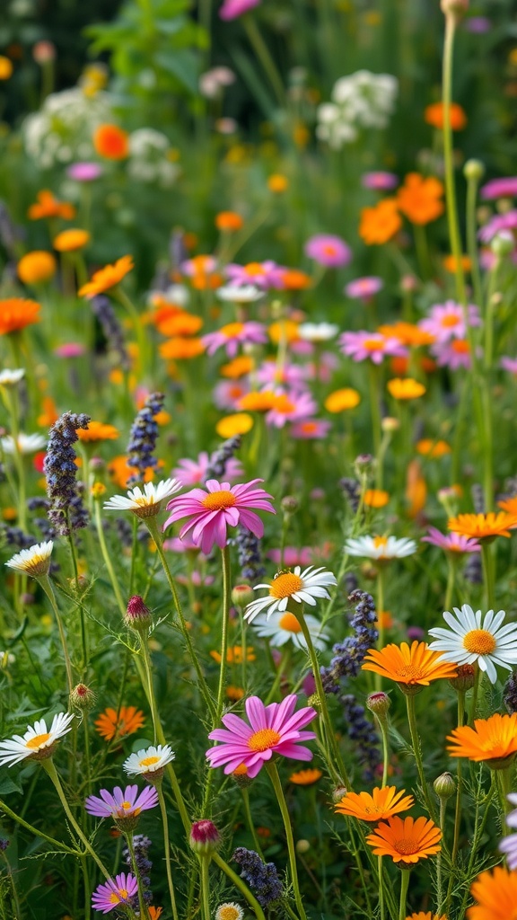 A colorful wildflower meadow with daisies, poppies, and lavender.