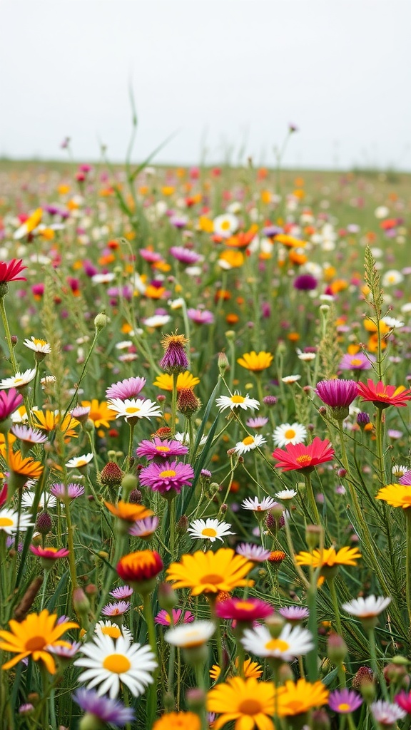 A colorful wildflower meadow featuring various flowers in shades of yellow, pink, white, and orange.