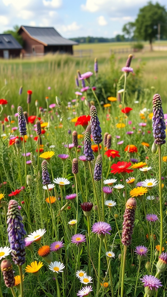 Colorful wildflower meadow with various flowers and a farmhouse in the background