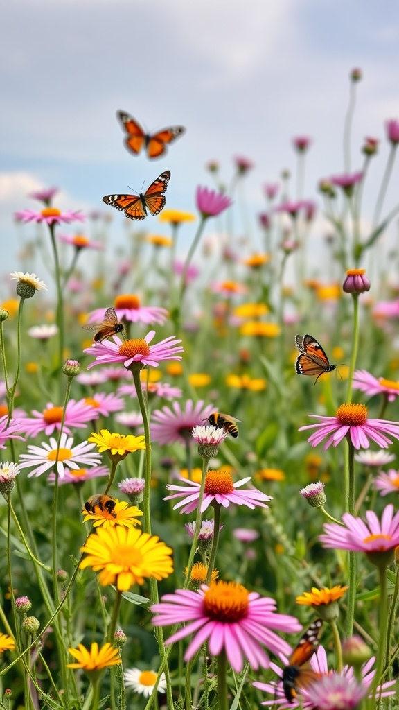 A vibrant wildflower meadow with butterflies and bees amidst colorful flowers.