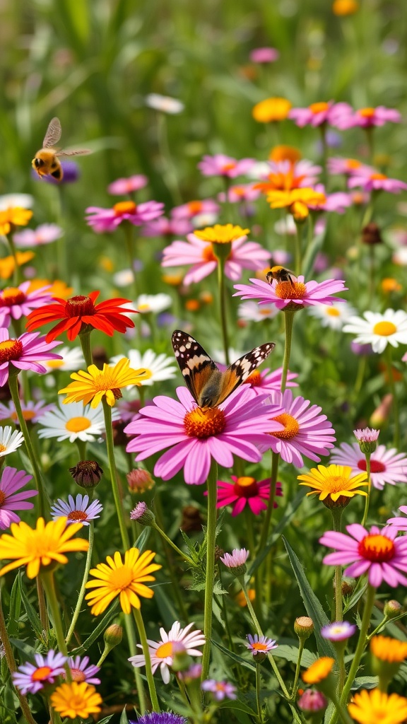 A vibrant wildflower patch with various colorful flowers and butterflies.