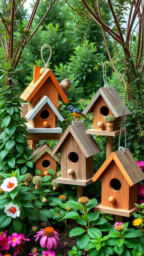 Colorful wildlife-friendly birdhouses surrounded by flowers in a lush garden
