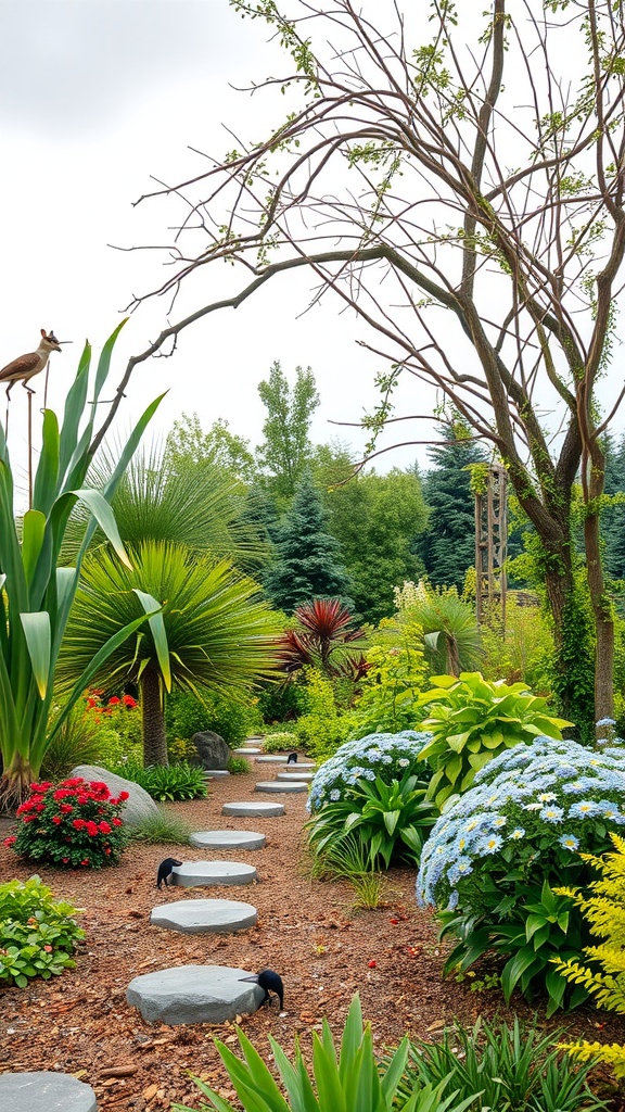 A vibrant garden pathway lined with colorful plants and flowers, showcasing a wildlife-friendly environment.
