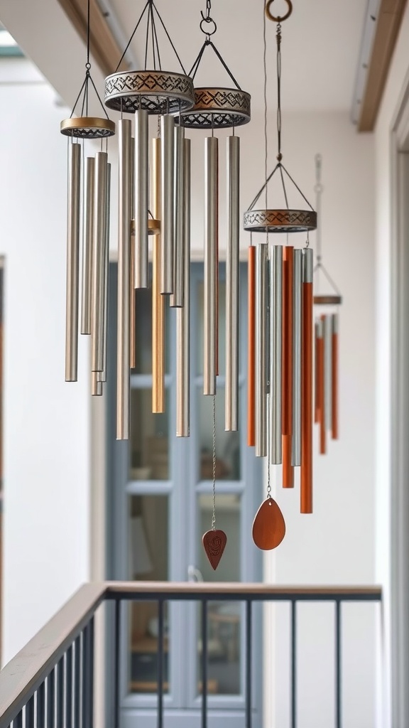 A collection of colorful wind chimes hanging on a balcony, showcasing varying lengths and styles.