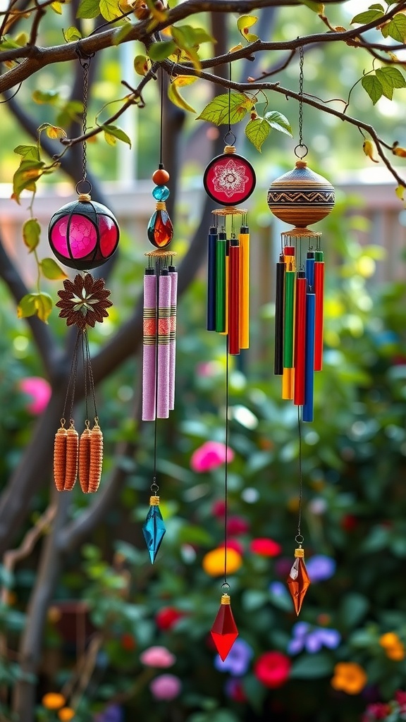Colorful wind chimes hanging from a tree branch in a garden filled with vibrant flowers.