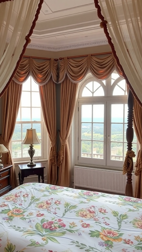 A serene boho bedroom featuring elegant window treatments and a canopy bed.