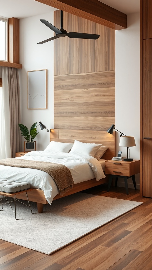 A cozy bedroom featuring wood accents with a modern design, showcasing a wooden wall behind the bed, wooden furniture, and a soft rug.