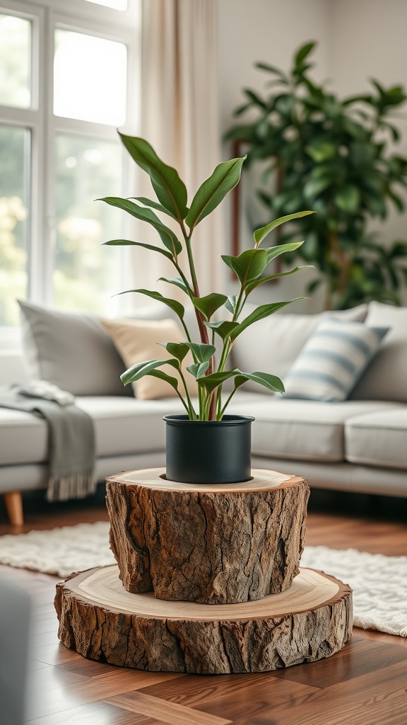 Wood slice planter base with a plant in a black pot, set in a cozy living room