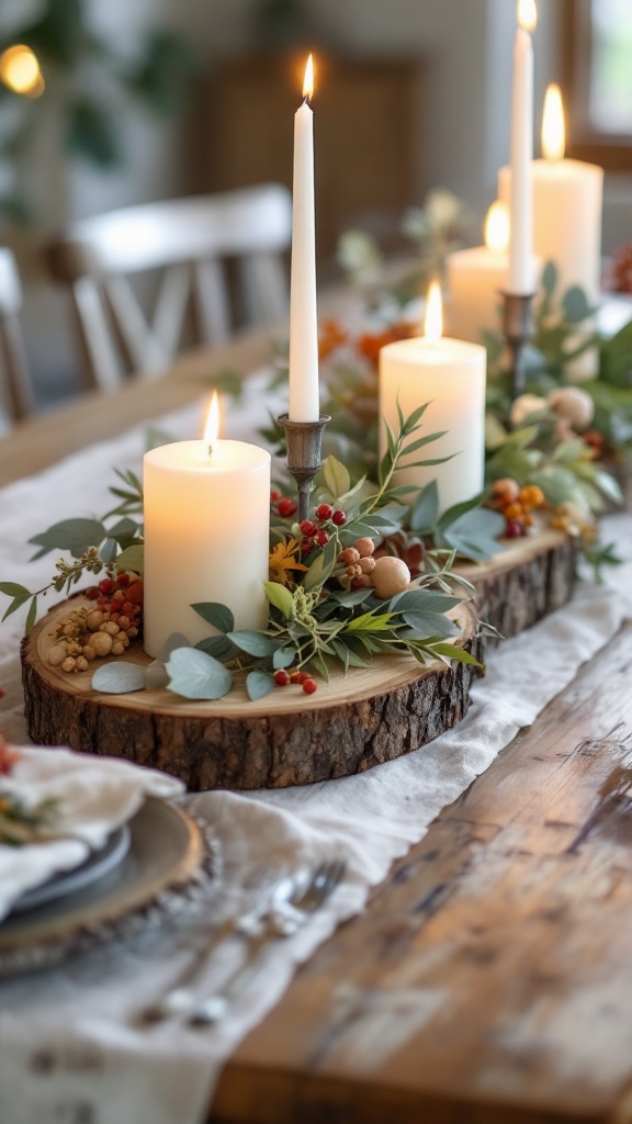 A wood slice table centerpiece with candles, greenery, and decorative berries.