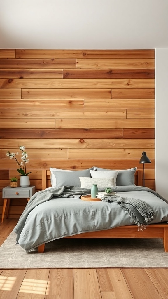 Cozy bedroom with wooden accent wall and soft gray bedding