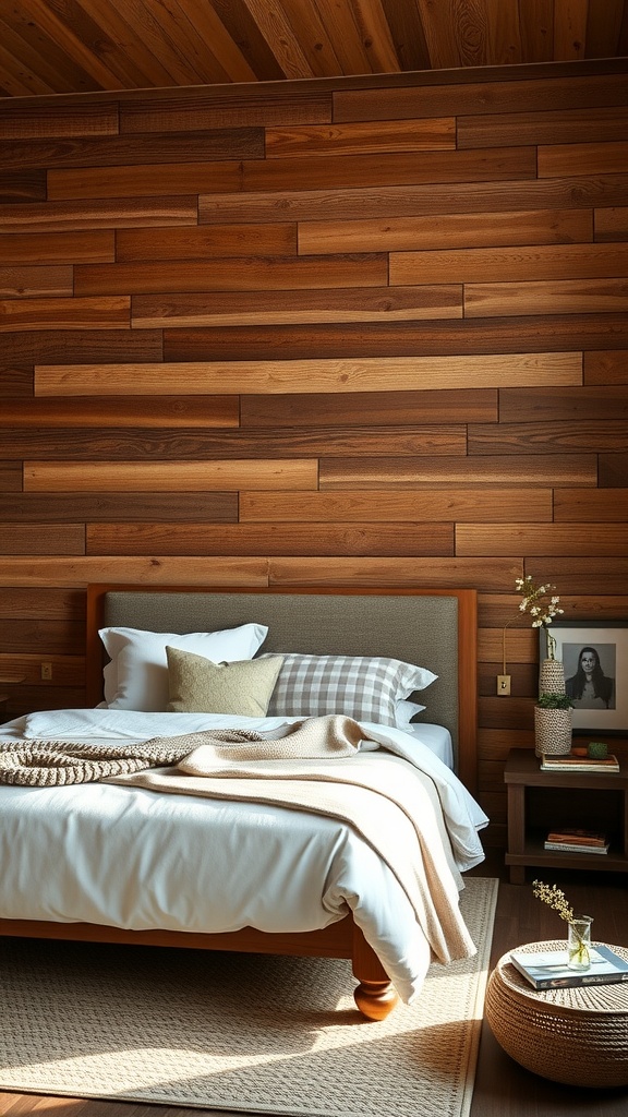 A cozy bedroom featuring a wooden accent wall with the word 'SALE' and warm bedding