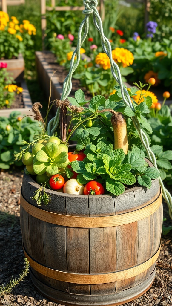 A wooden barrel planter filled with vegetables like tomatoes and squash, set against a colorful garden backdrop.