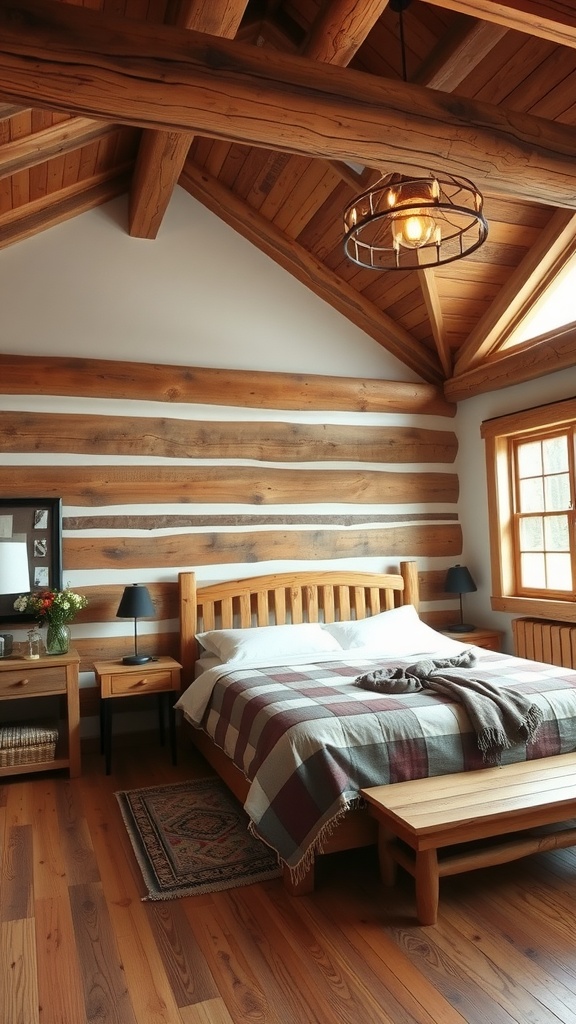 A cozy cabin bedroom with wooden beam ceilings, a wooden bed, and warm decor.