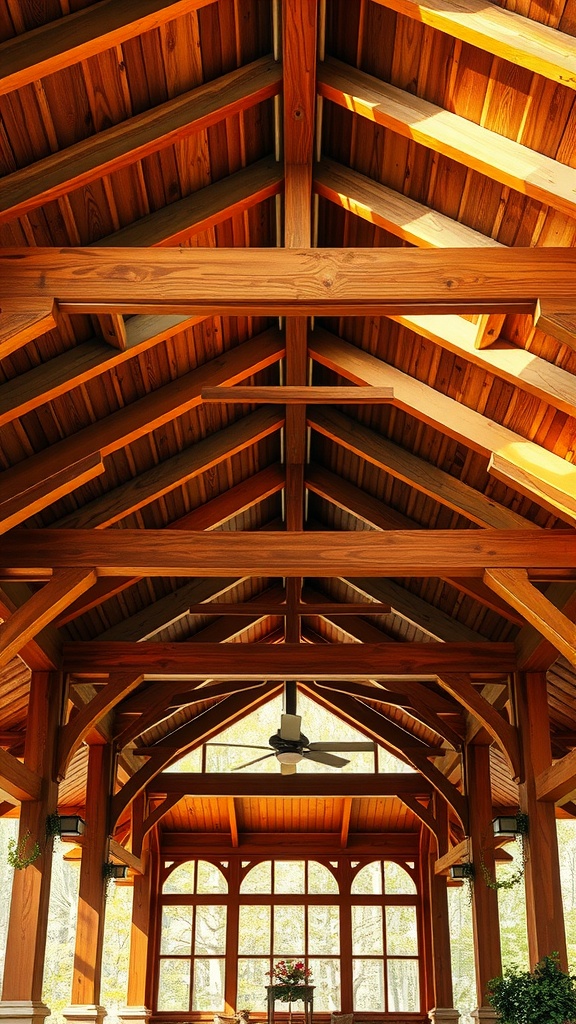 Wooden beams in a back porch ceiling, showcasing architectural interest