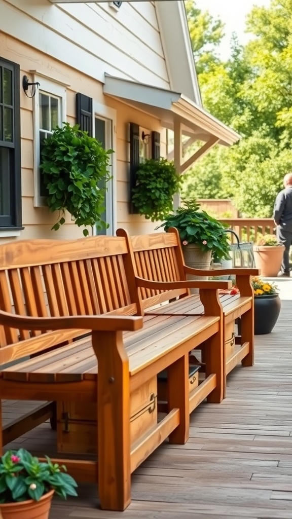Wooden benches with storage on a farmhouse patio, surrounded by plants.