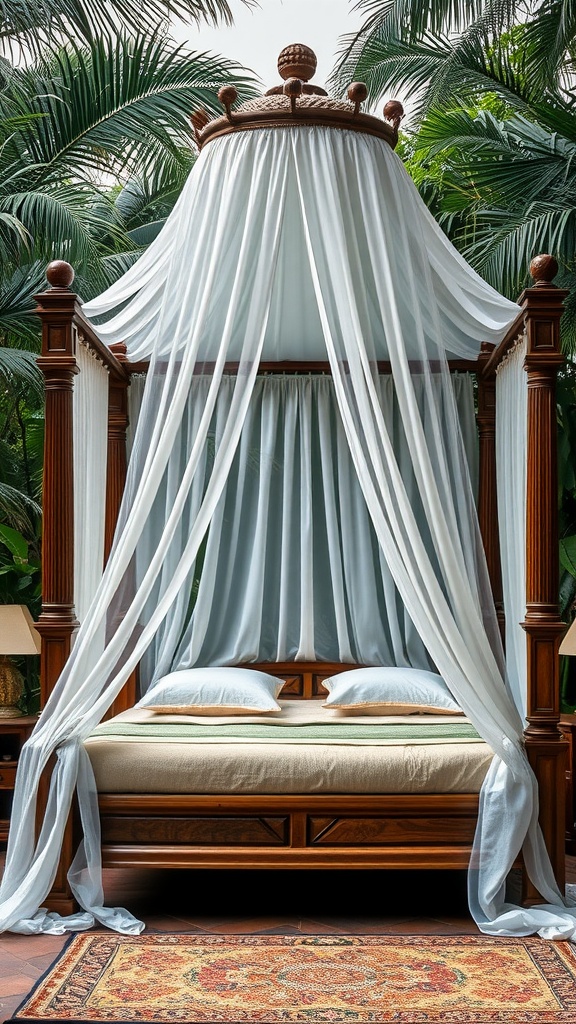 A wooden canopy bed with sheer white curtains surrounded by tropical plants