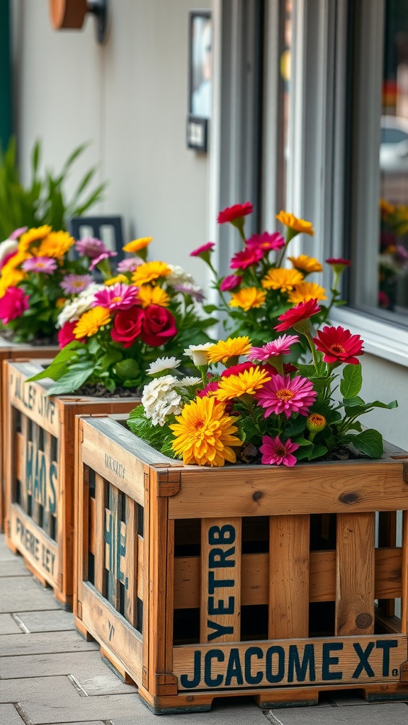 Colorful flowers planted in wooden crate planters