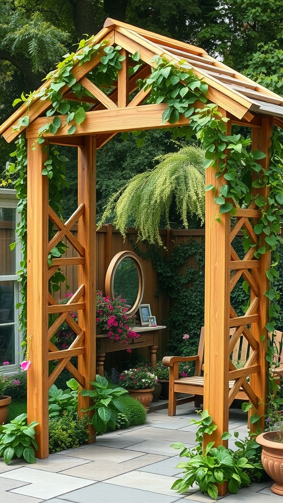 A wooden garden arch covered with green vines, surrounded by flowers and plants, creating a cozy outdoor space.