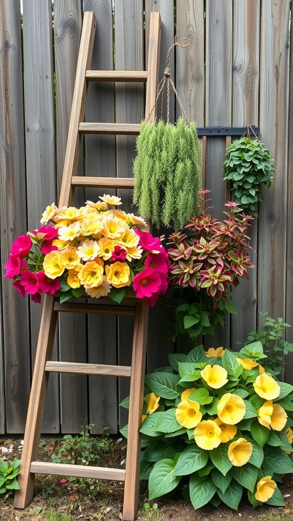 A wooden ladder displaying colorful flowers and hanging plants against a wooden fence.