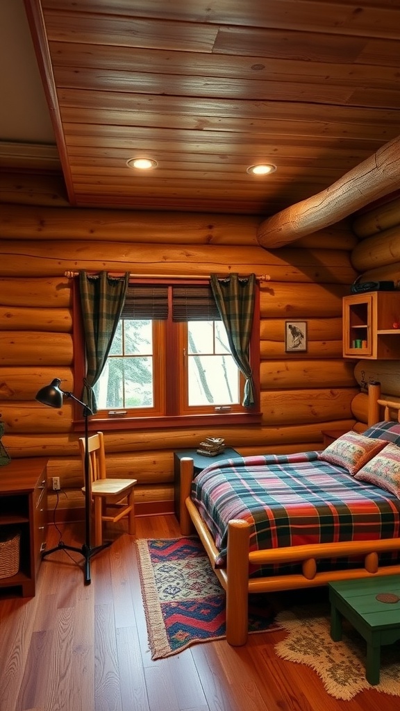 A cozy boys bedroom with a wooden log cabin feel featuring a plaid bedspread, wooden furniture, and natural light from the window.
