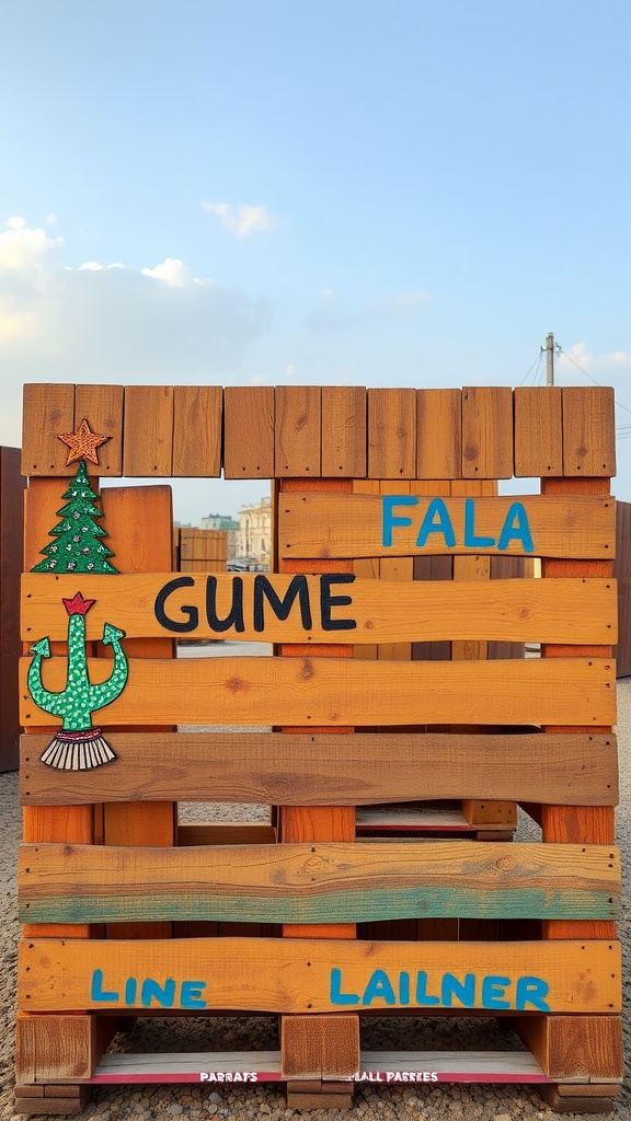 Colorful wooden pallet art with a tree design and painted letters