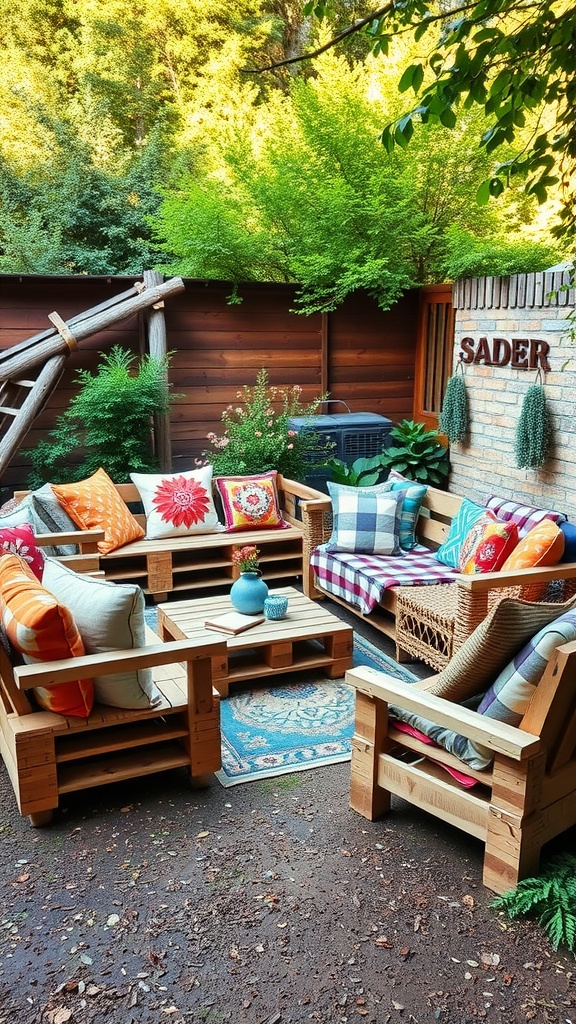 Cozy outdoor seating area with wooden pallet furniture and colorful cushions.