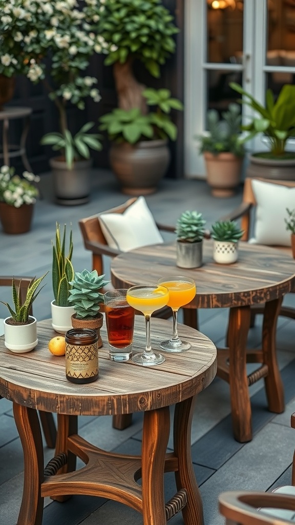 Wooden side tables on a farmhouse patio with potted plants and drinks.