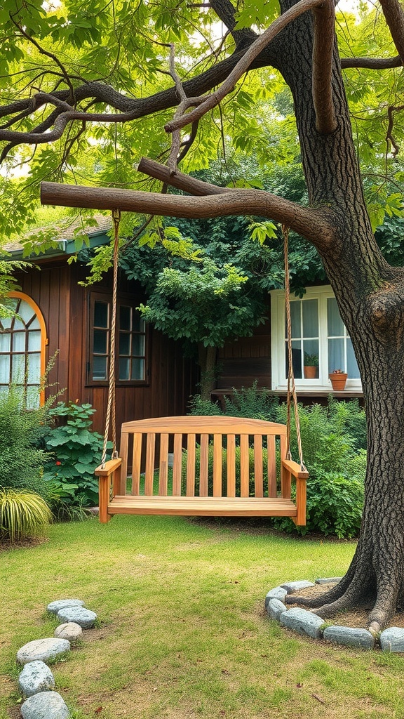Wooden swing hanging from a tree in a lush garden setting