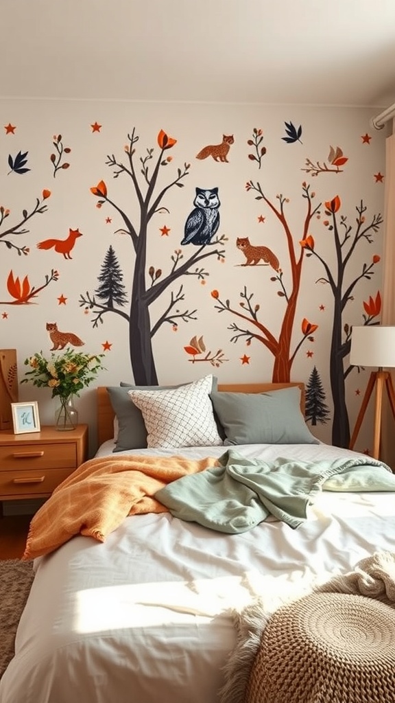 A cozy boys bedroom with a woodland animal theme featuring illustrations of trees, owls, and foxes on the walls.