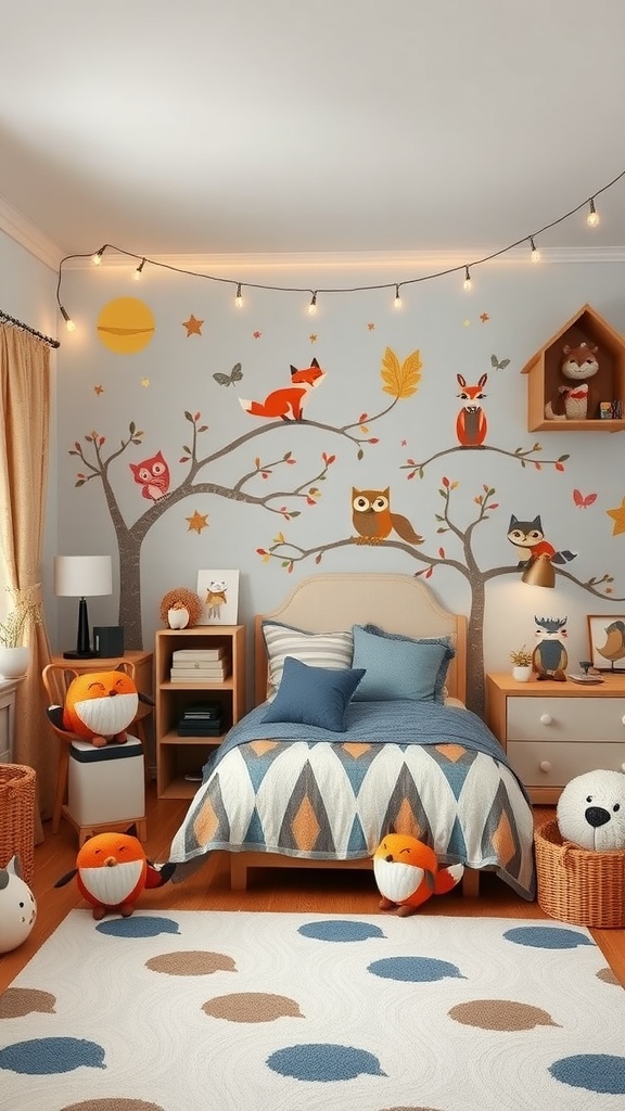 A cozy boy's bedroom decorated with woodland creature accents, featuring colorful animal wall decals, patterned bedding, and soft lighting.