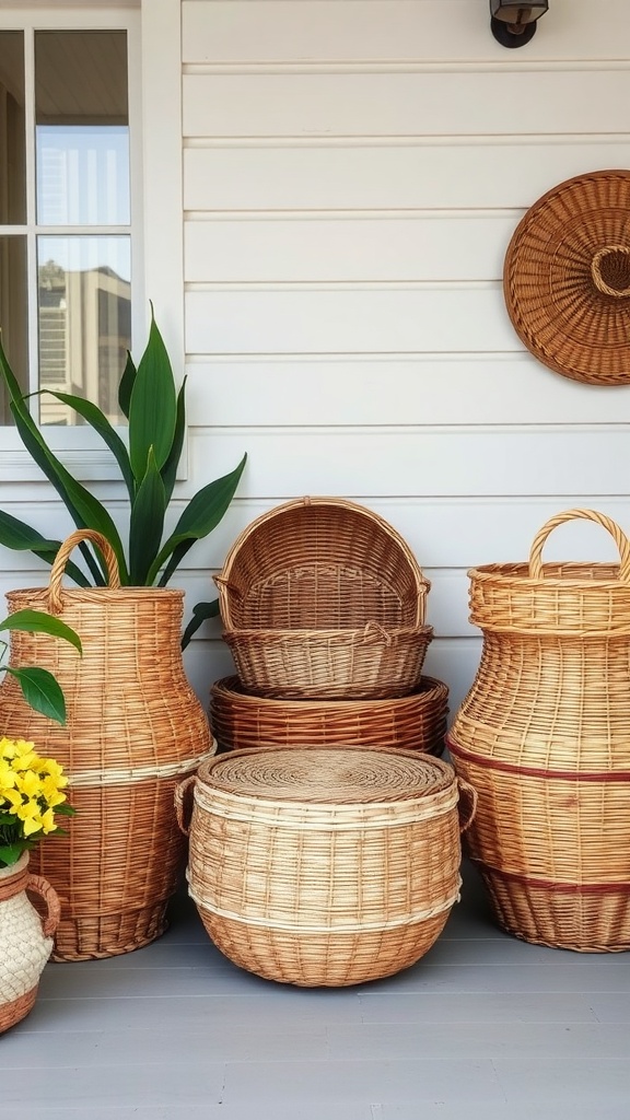 A collection of woven baskets in various sizes on a porch, accompanied by a plant and yellow flowers.