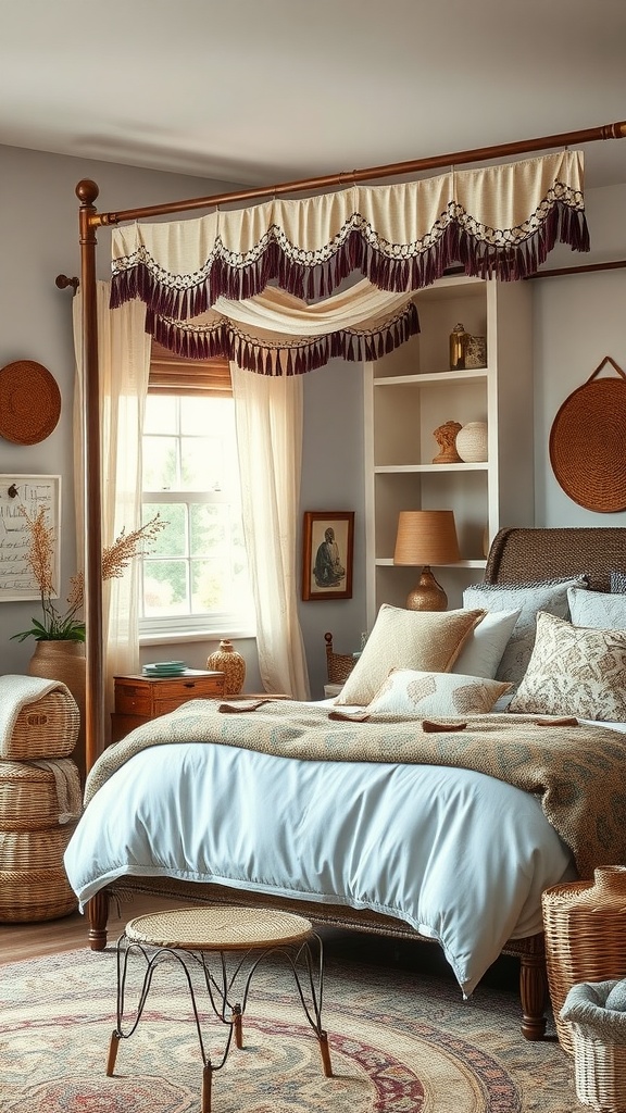 A cozy boho bedroom featuring a canopy bed, with woven baskets for storage and a warm color palette.