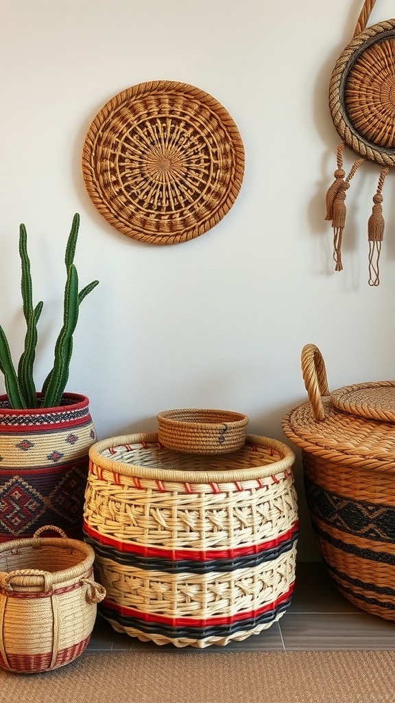 A collection of woven baskets in various sizes and patterns, displayed in a cozy boho eclectic setting.