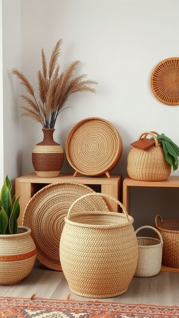 A collection of woven baskets of different sizes and shapes, displayed alongside a vase and plant in a cozy bedroom setting.