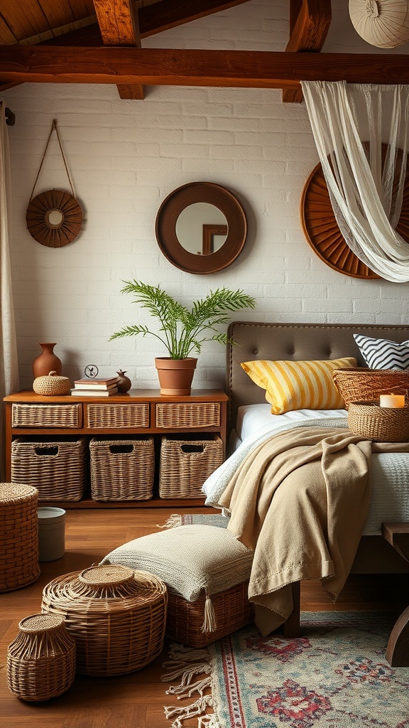 A cozy rustic boho style bedroom featuring woven baskets for storage, warm wooden accents, and soft textiles.
