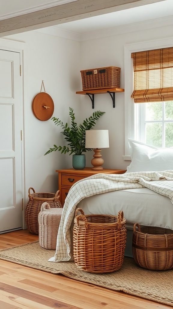 A cozy farmhouse chic bedroom featuring woven baskets for storage