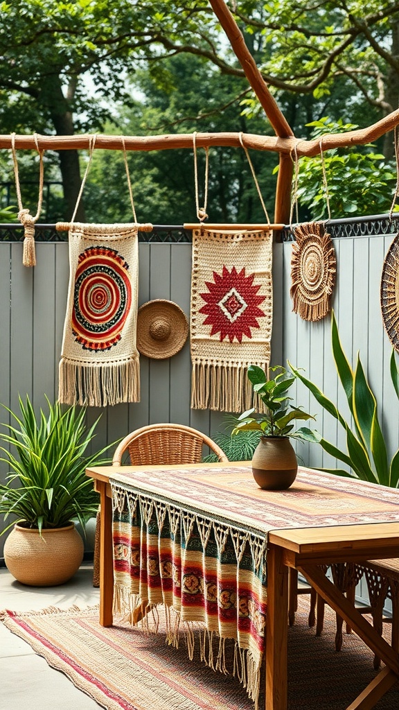 A cozy patio featuring woven textile accents, including wall hangings and a table covering, surrounded by plants.