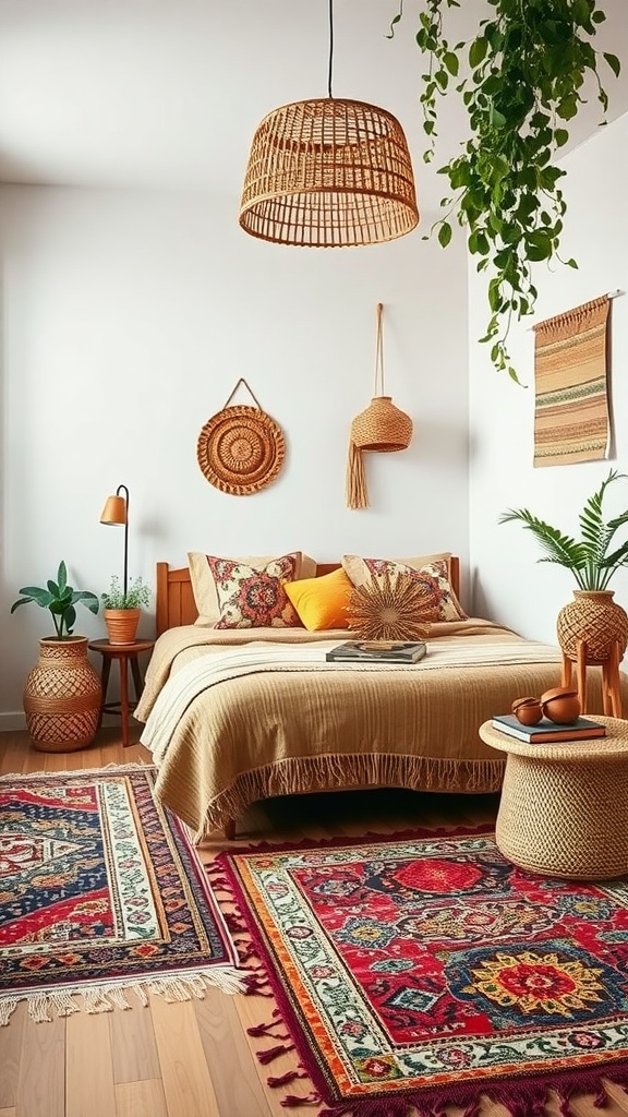 A cozy bedroom featuring woven textiles and rugs, showcasing a Boho jungle theme.
