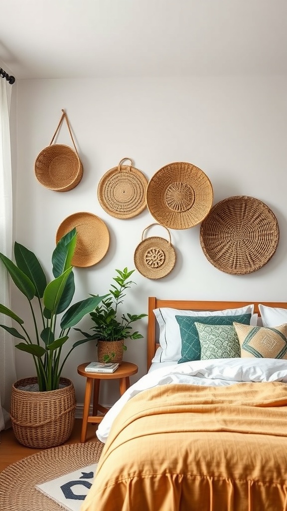 A cozy Boho jungle-themed bedroom featuring woven wall baskets on the wall, plants, and warm bedding