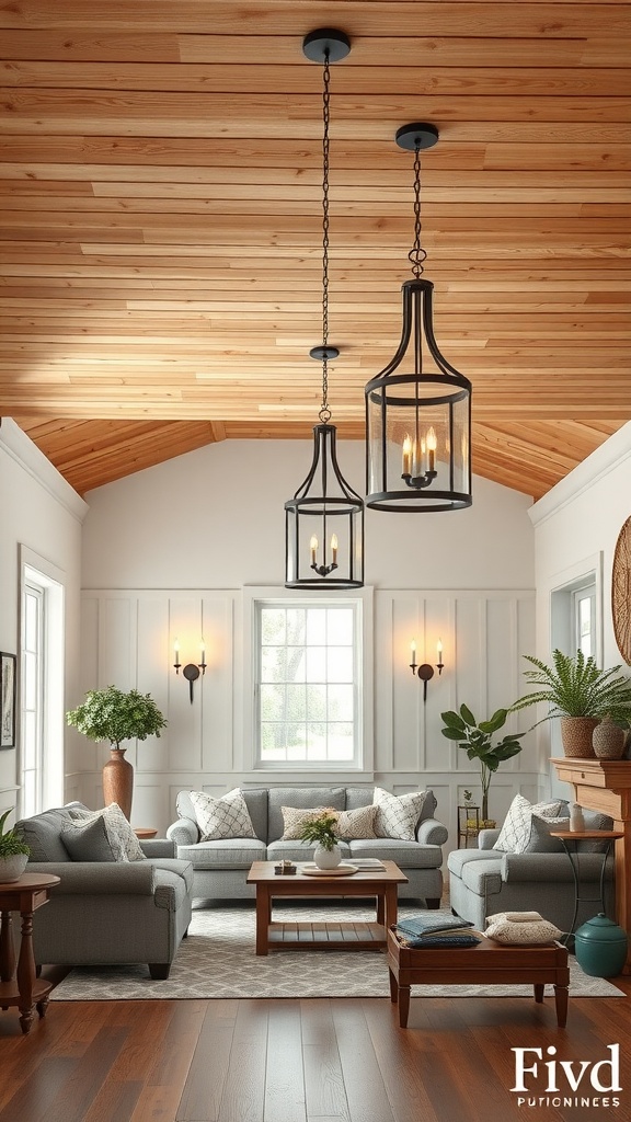 A living room featuring wrought iron light fixtures, with a wooden ceiling and cozy furniture.