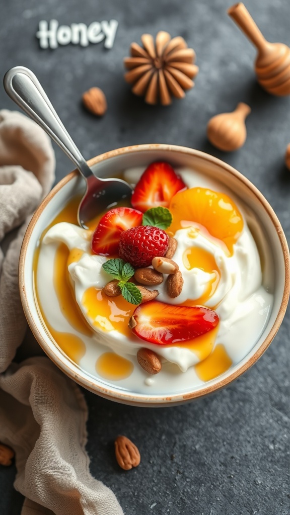 A bowl of yogurt topped with fruits and honey