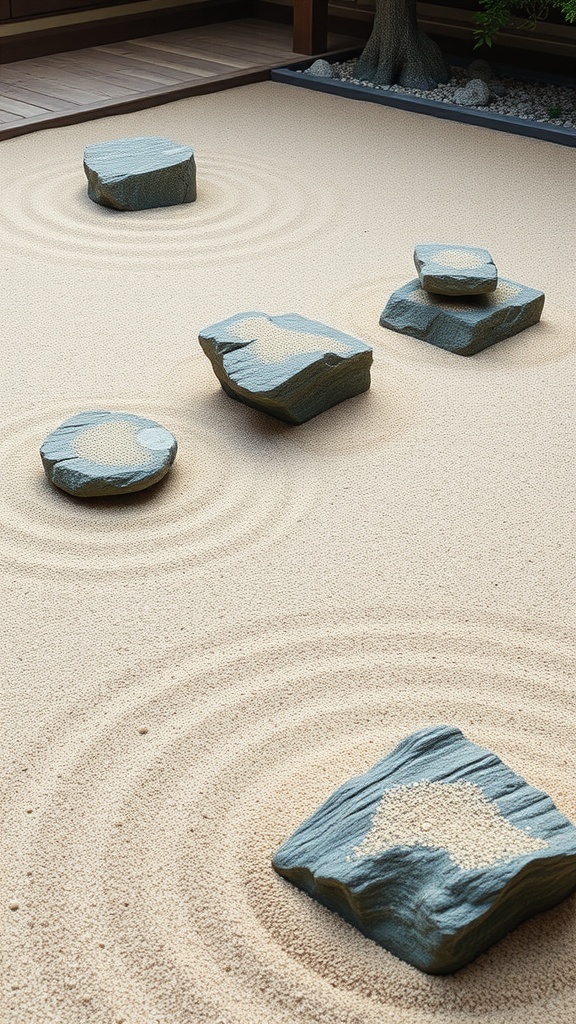 A zen garden featuring sand and rocks, showcasing a peaceful and minimalist design.