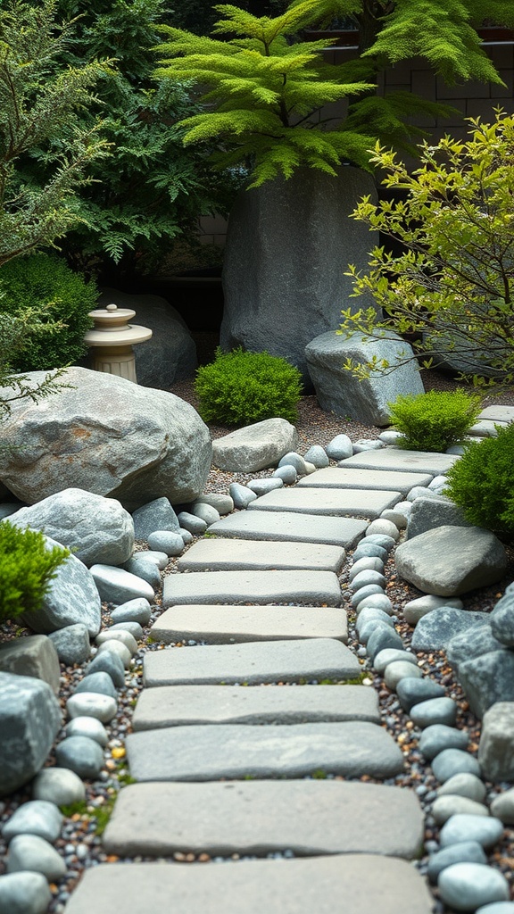 A winding stone pathway in a Zen rock garden surrounded by greenery and larger stones.