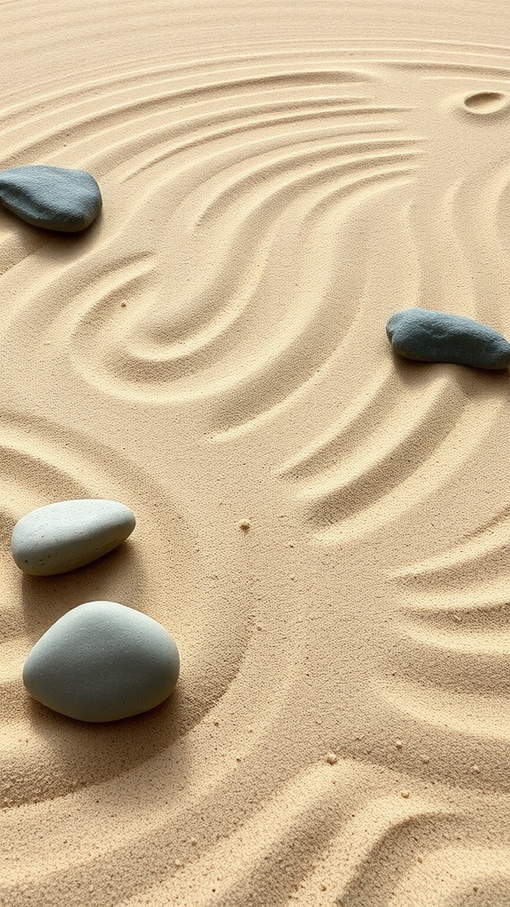 Zen sand garden with smooth rocks and raked patterns in the sand