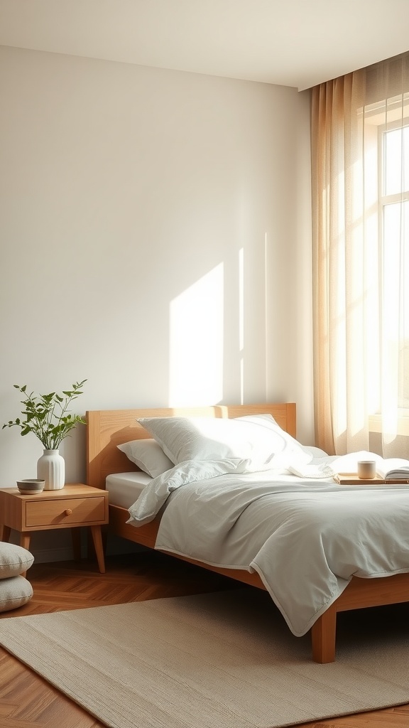 A serene bedroom with a neatly made bed, wooden furniture, and a meditation corner