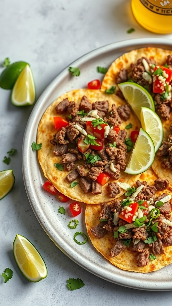 Crispy tostadas topped with seasoned ground beef, diced tomatoes, onions, and lime wedges.