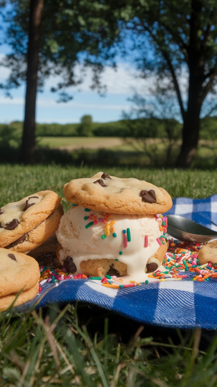 Chocolate chip cookie ice cream sandwich with sprinkles